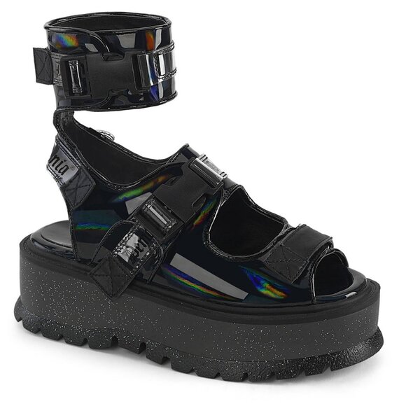 DEMONIA - SLACKER 15B Dark Abyss Hologram Black Platform Sandals - Picture 1 of 1